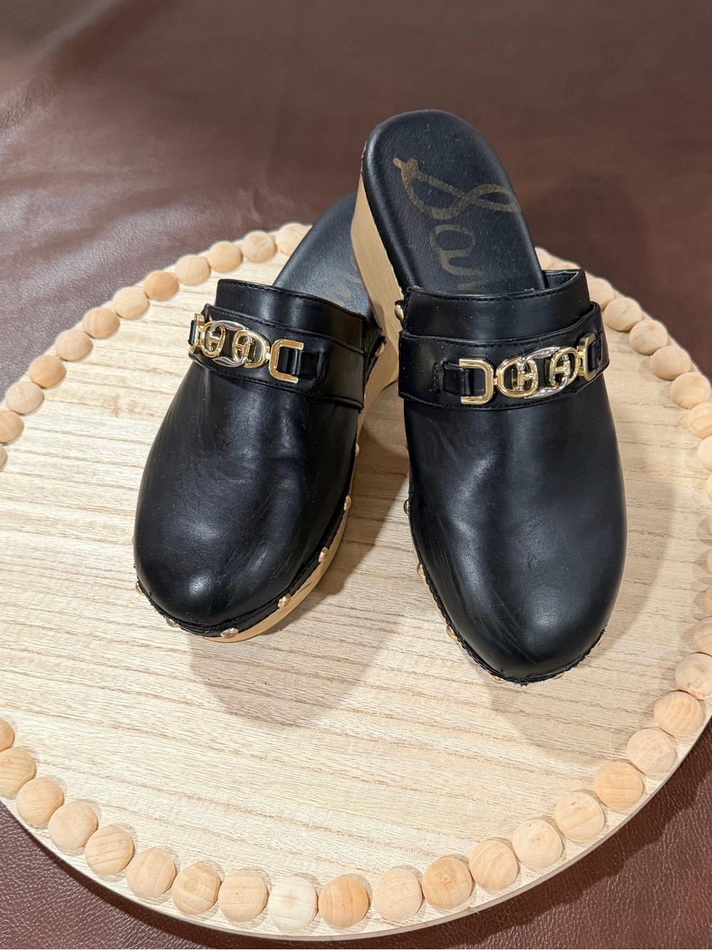 Sam Edelman Kaye Black Leather Gold Chain Studded Platform Clogs Size 7